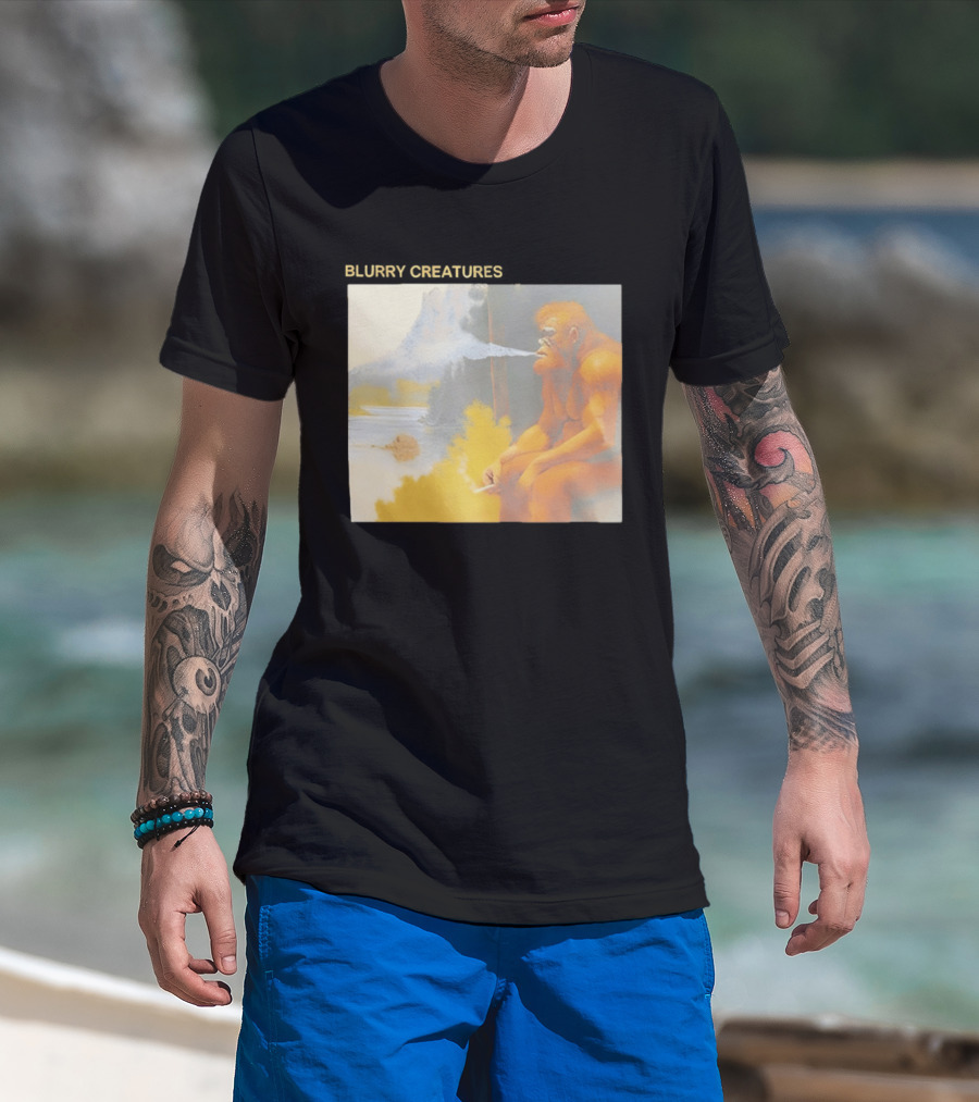 Bigfoot Blurry Creatures Smoking By Lake Mountain Scene T-Shirt