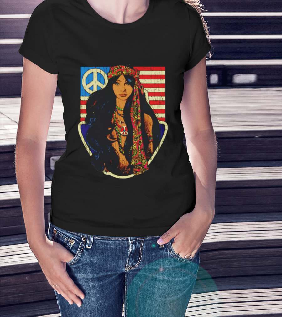 Peace Is Natural 1969 Bohemian Hippie Woman American Flag T-Shirt