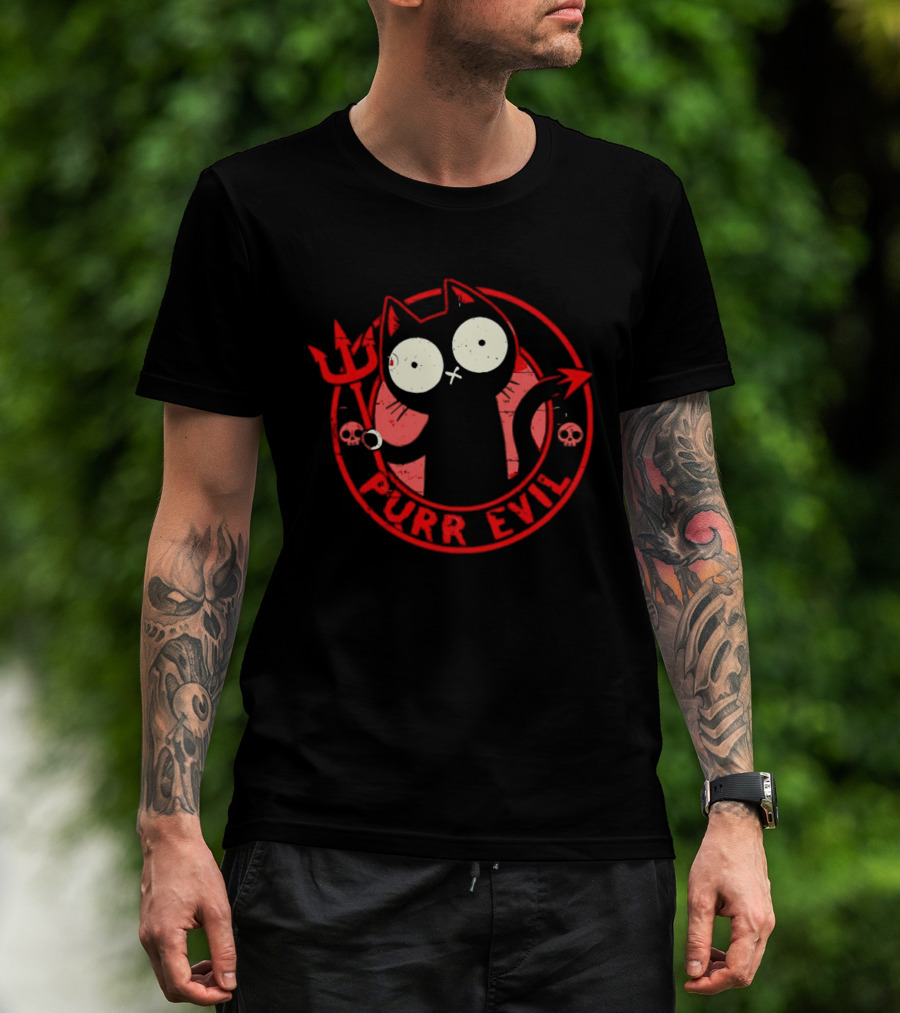 Purr Evil Cat With Trident And Skulls T-Shirt