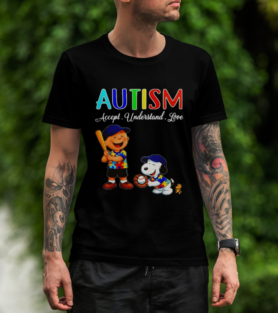 Charlie Brown Snoopy Peanuts Autism Accept Understand Love Baseball Puzzle T-Shirt