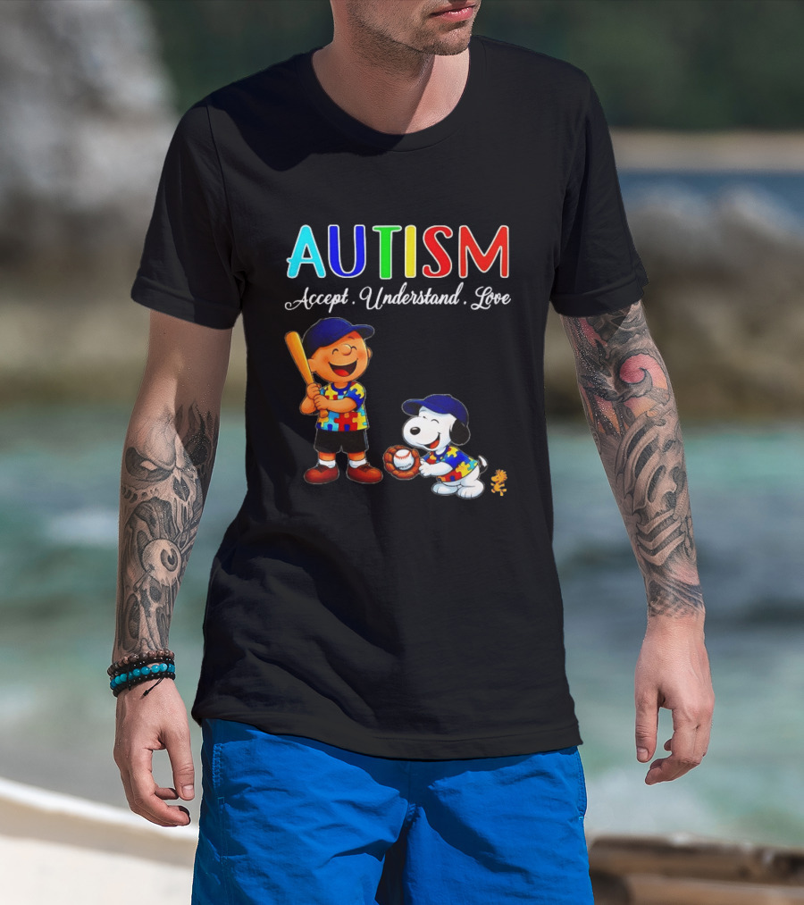 Charlie Brown Snoopy Peanuts Autism Accept Understand Love Baseball Puzzle T-Shirt