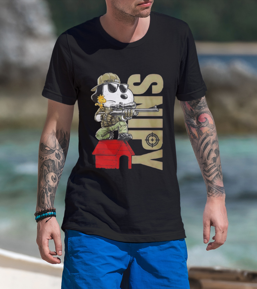 Snoopy Sniper Woodstock Camouflage Doghouse Target T-Shirt
