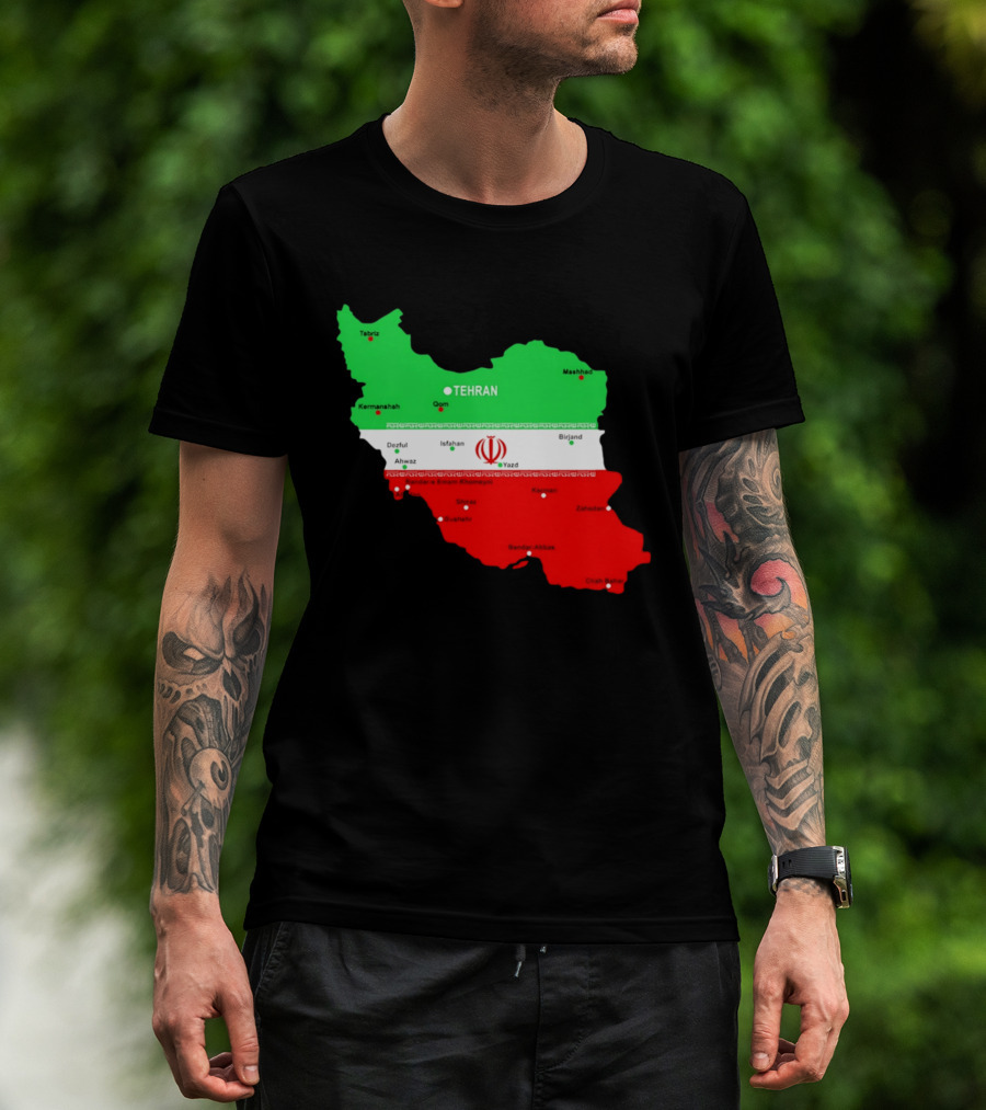 Iran Map With Flag Tehran Tabriz Mashhad Esfahan Shiraz Yazd Cities T-Shirt