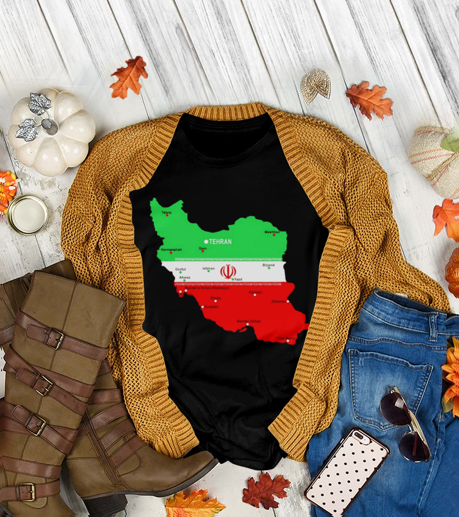 Iran Map with Flag Tehran Tabriz Mashhad Esfahan Shiraz Yazd Cities T-Shirt