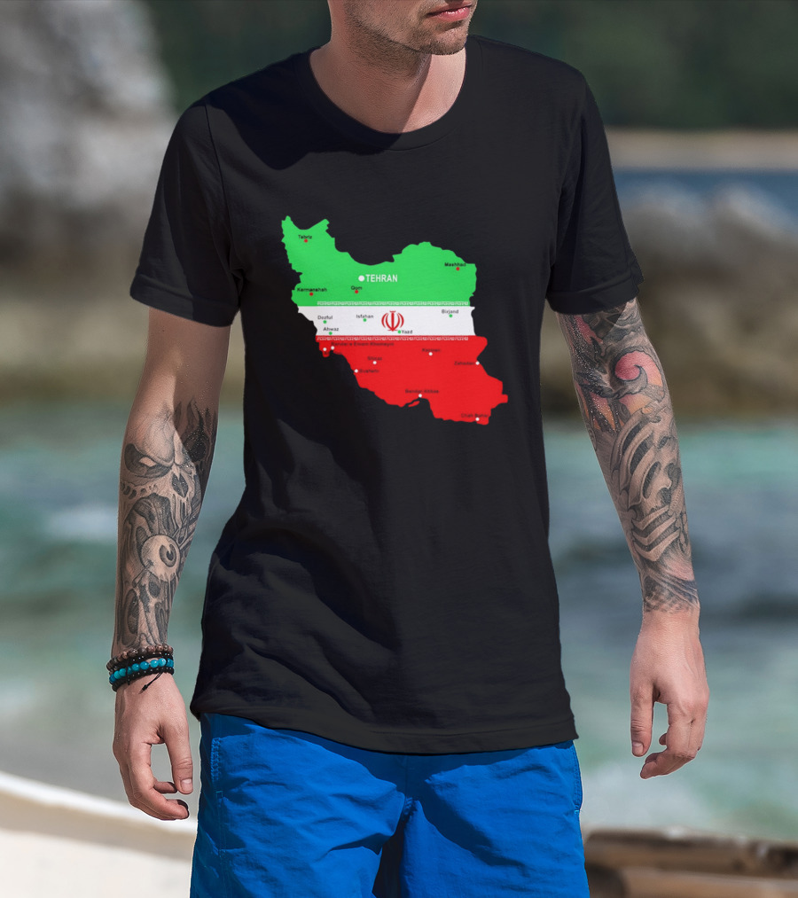 Iran Map With Flag Tehran Tabriz Mashhad Esfahan Shiraz Yazd Cities T-Shirt