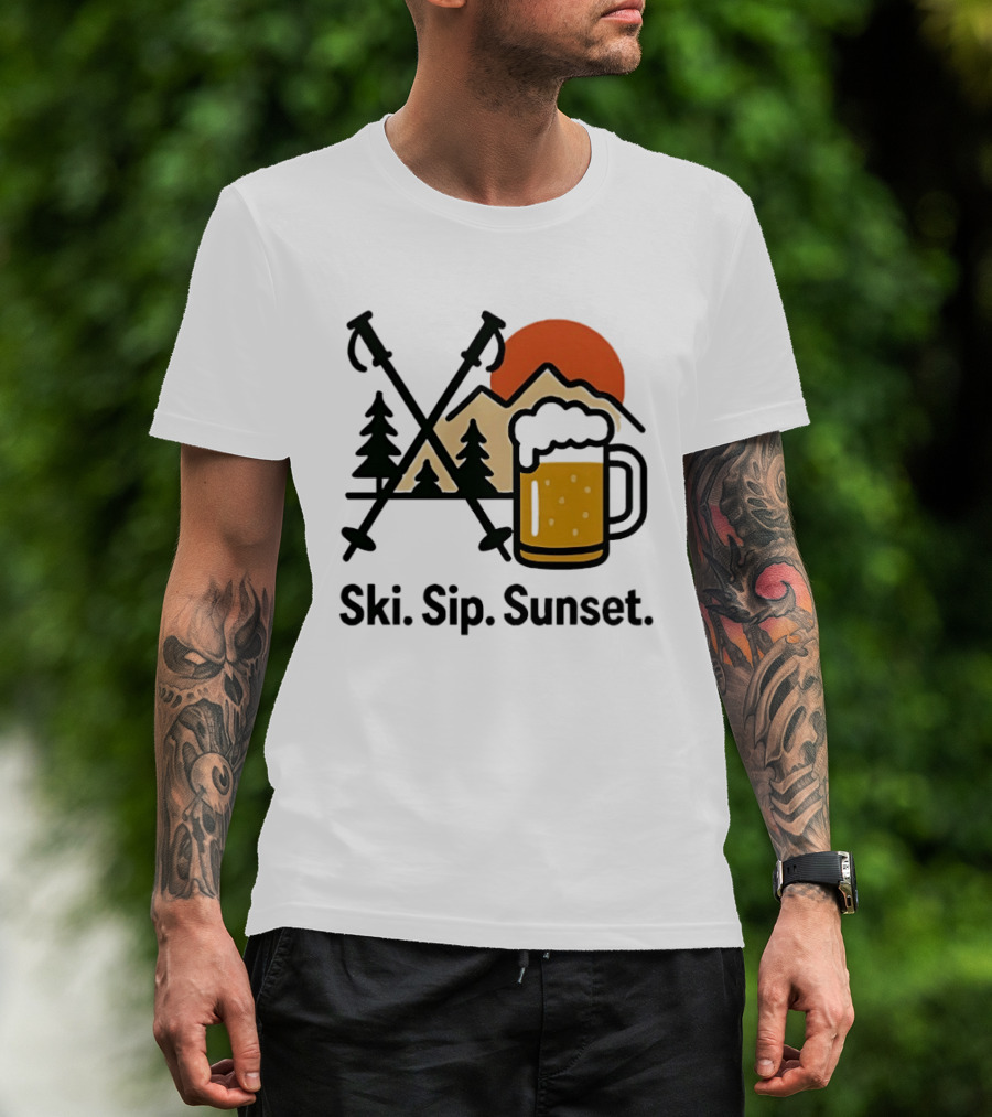 Ski Sip Sunset Mountain Beer Adventure T-Shirt