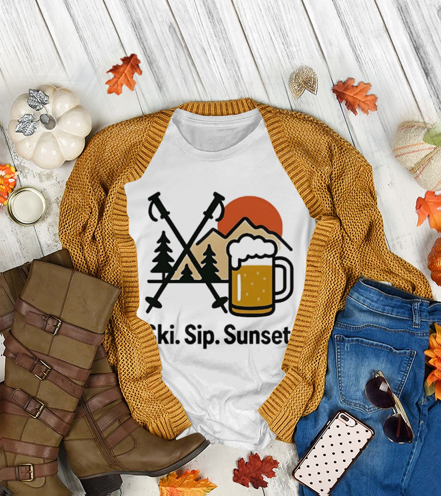 Ski Sip Sunset Mountain Beer Adventure T-Shirt