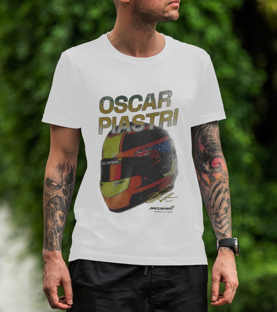 Oscar Piastri McLaren Racing Helmet Flag Signature T-Shirt