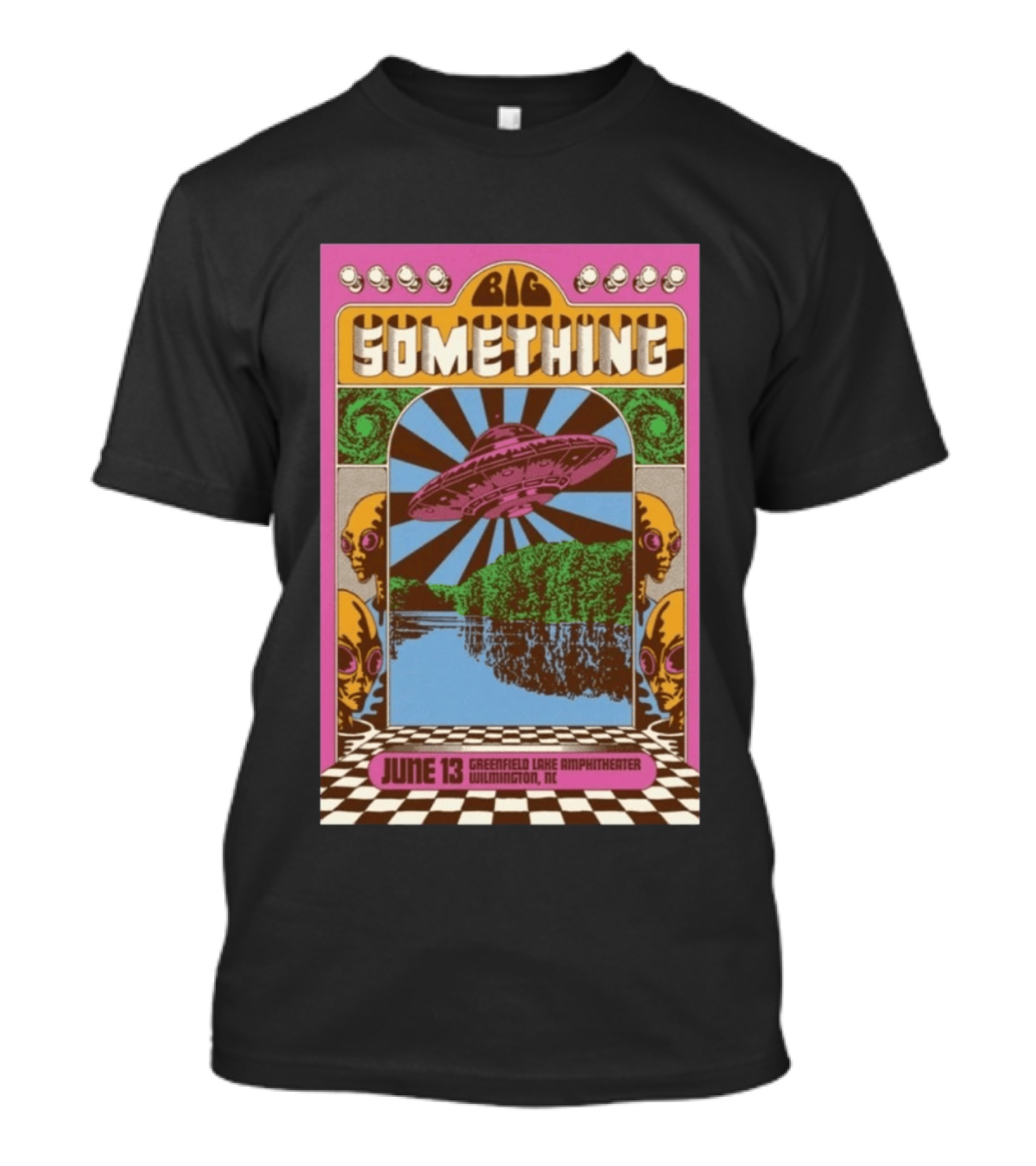 Big Something June 13 Greenfield Lake Amphitheater Wilmington NC Psychedelic With UFO Art And Alien Heads T-Shirt