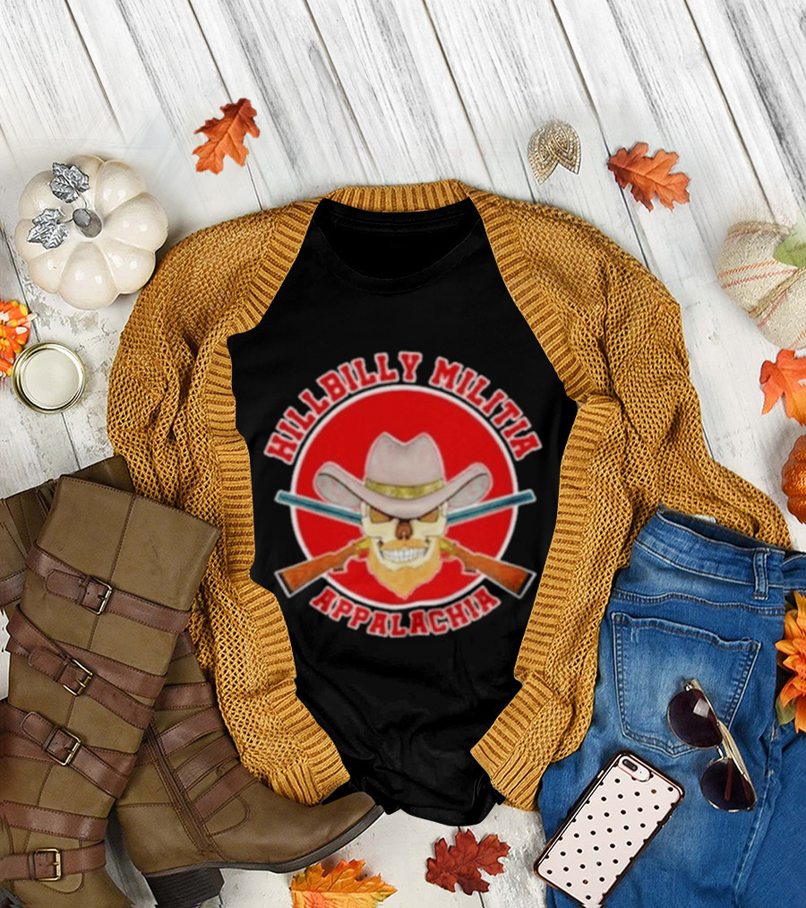 Hillbilly Militia Appalachia Skull Cowboy Hat Rifles Red Circle T-Shirt