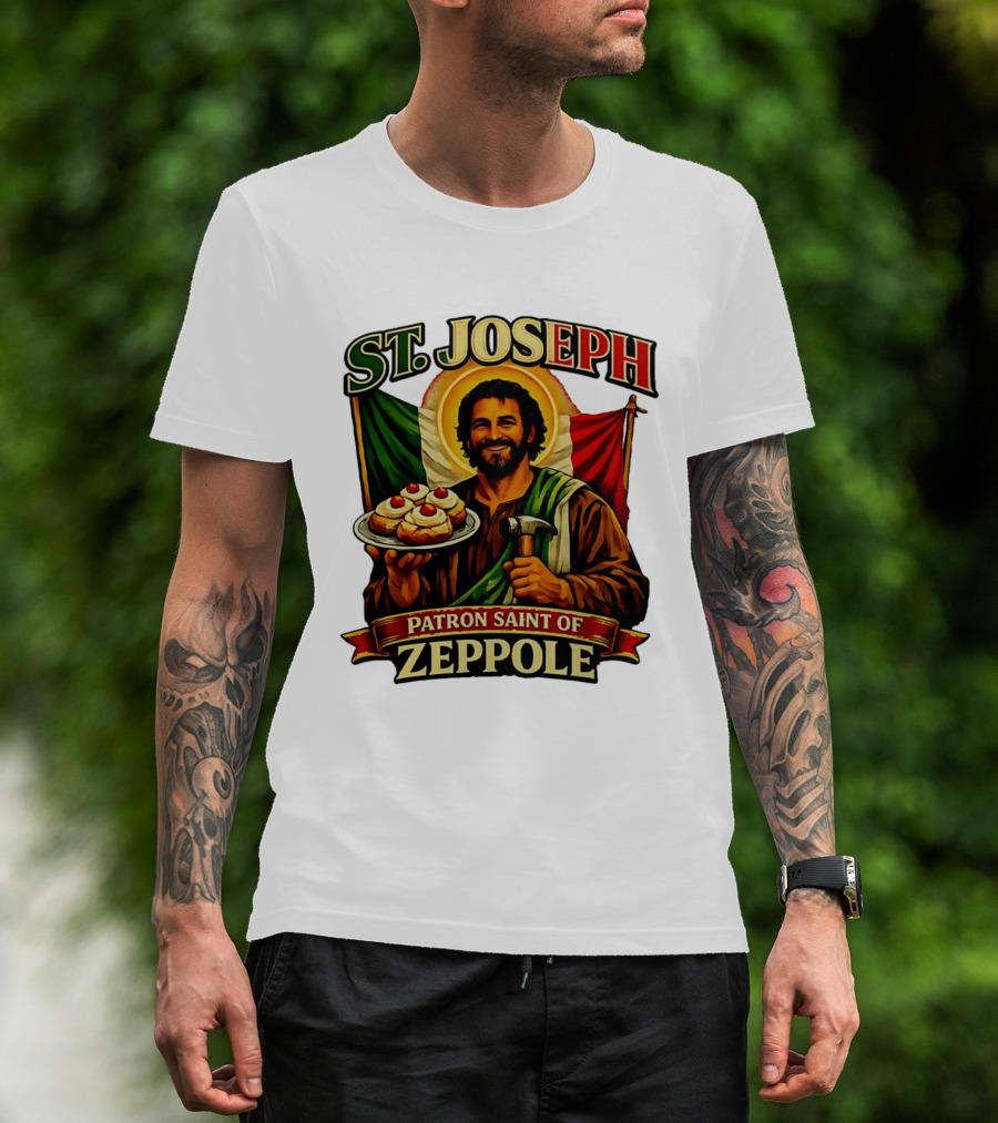 St. Joseph Patron Saint Of Zeppole With Italian Flag Icon And Halo Providing Hammer And Pastries T-Shirt