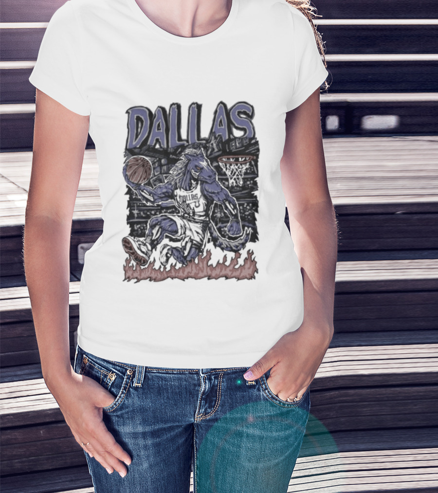 Dallas Mavericks Champ Cartoon Basketball Player Fire Hoops T-Shirt