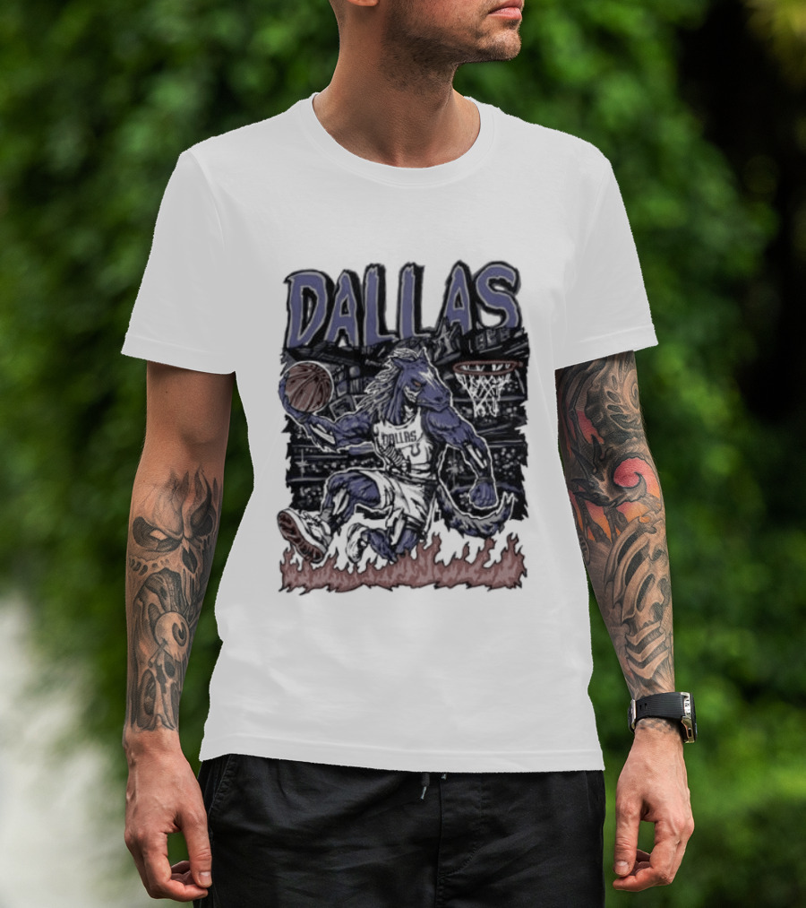 Dallas Mavericks Champ Cartoon Basketball Player Fire Hoops T-Shirt