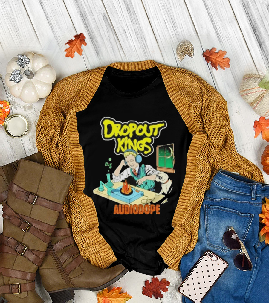 Dropout Kings Audio Dope Scientist Listening with Headphones and Chemistry Setup T-Shirt