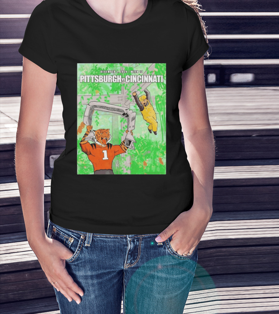 Pittsburgh Steelers Vs Cincinnati Bengals December 1 2024 Week 13 Cartoon Tiger And Construction Worker Jungle Showdown T-Shirt