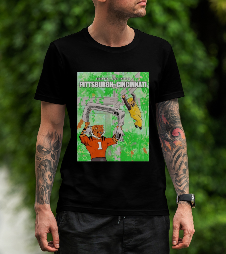 Pittsburgh Steelers Vs Cincinnati Bengals December 1 2024 Week 13 Cartoon Tiger And Construction Worker Jungle Showdown T-Shirt