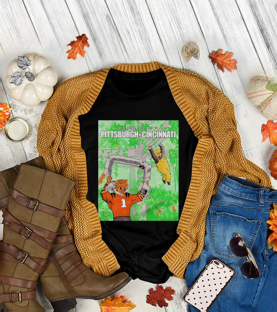 Pittsburgh Steelers vs Cincinnati Bengals December 1 2024 Week 13 Cartoon Tiger and Construction Worker Jungle Showdown T-Shirt
