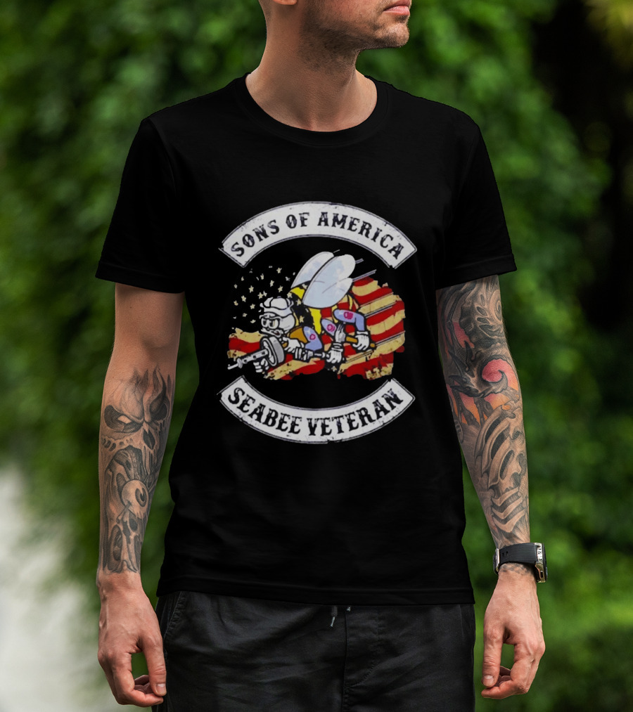 Sons Of America Seabee Veteran US Flag Military Pride T-Shirt
