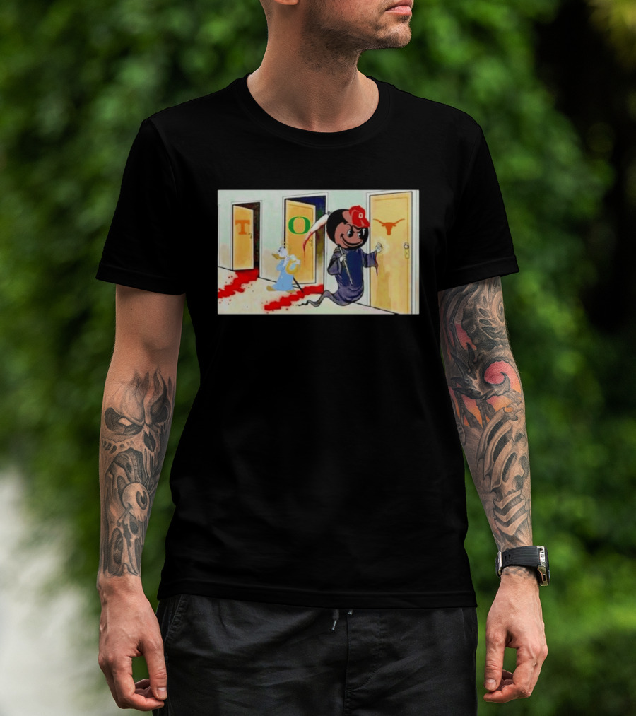 Ohio State Buckeyes Brutus Grim Reaper Knocking Texas Longhorns Door Cartoon T-Shirt
