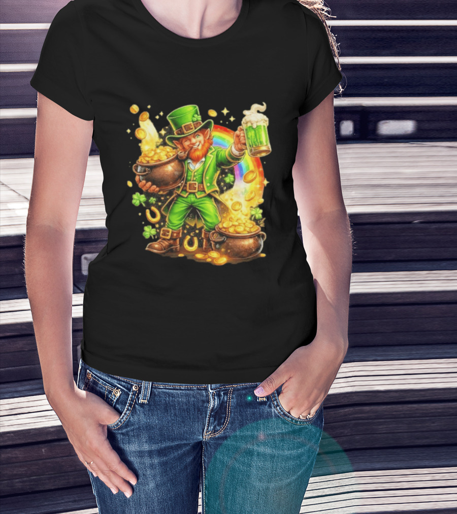 St Patricks Day Irish Leprechaun Cheers With Pot Of Gold And Rainbow Luck T-Shirt