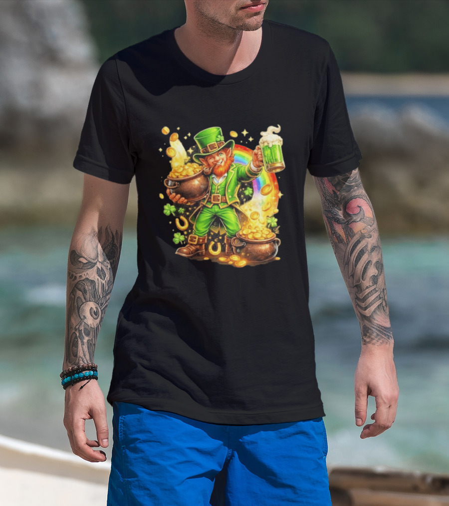 St Patricks Day Irish Leprechaun Cheers With Pot Of Gold And Rainbow Luck T-Shirt