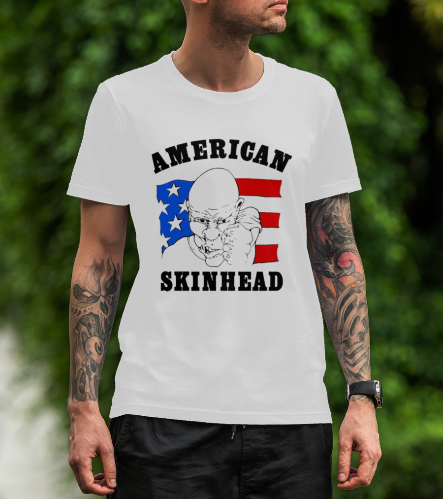American Skinhead USA Bald Character With Flag Stars And Stripes T-Shirt