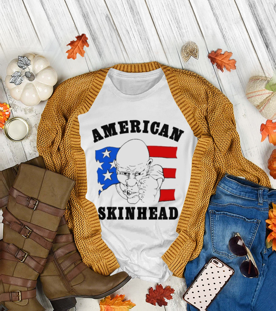 American Skinhead USA Bald Character with Flag Stars and Stripes T-Shirt