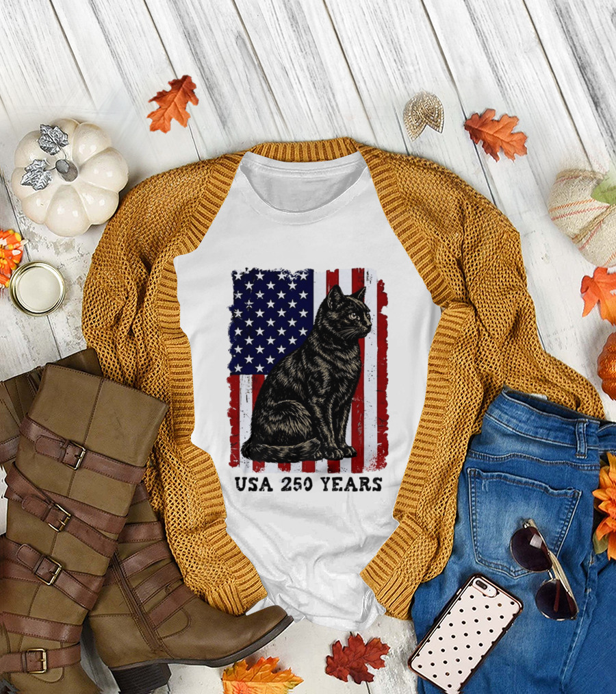 USA 250 Years Liberty Cat American Flag T-Shirt