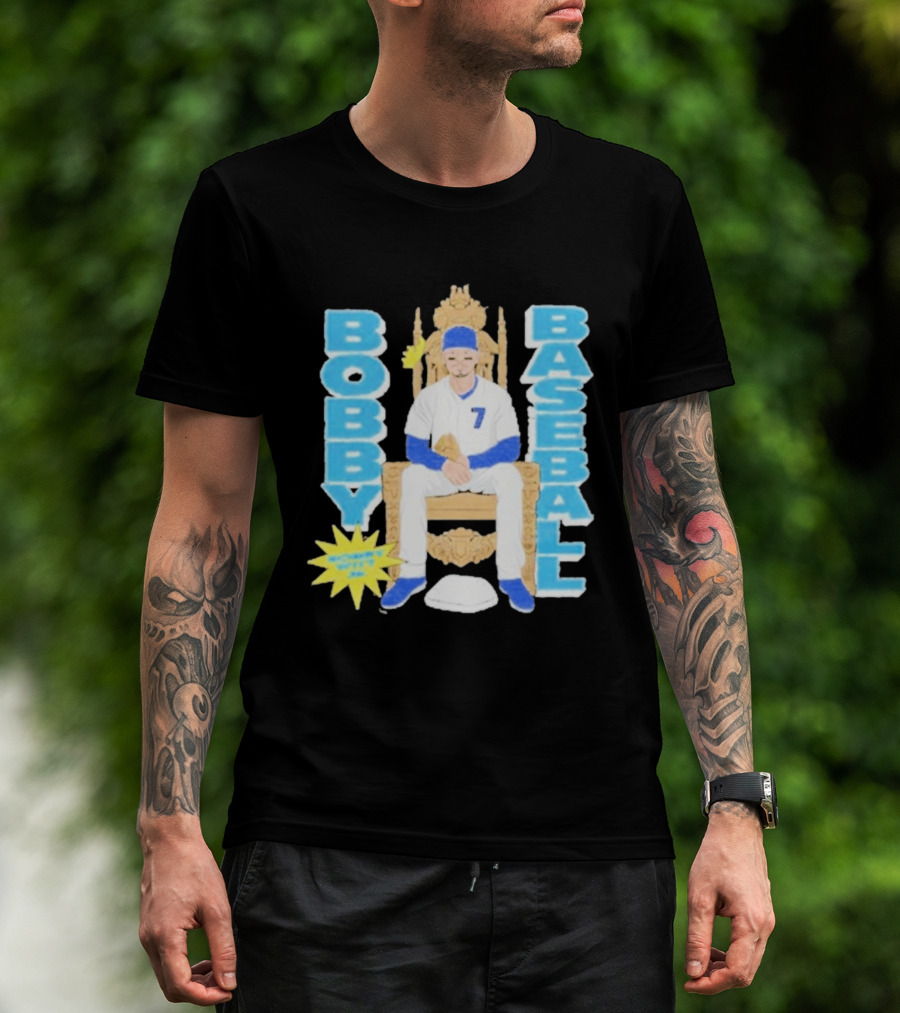 Bobby Baseball Throne Number 7 Blue Cap Batting Glove T-Shirt