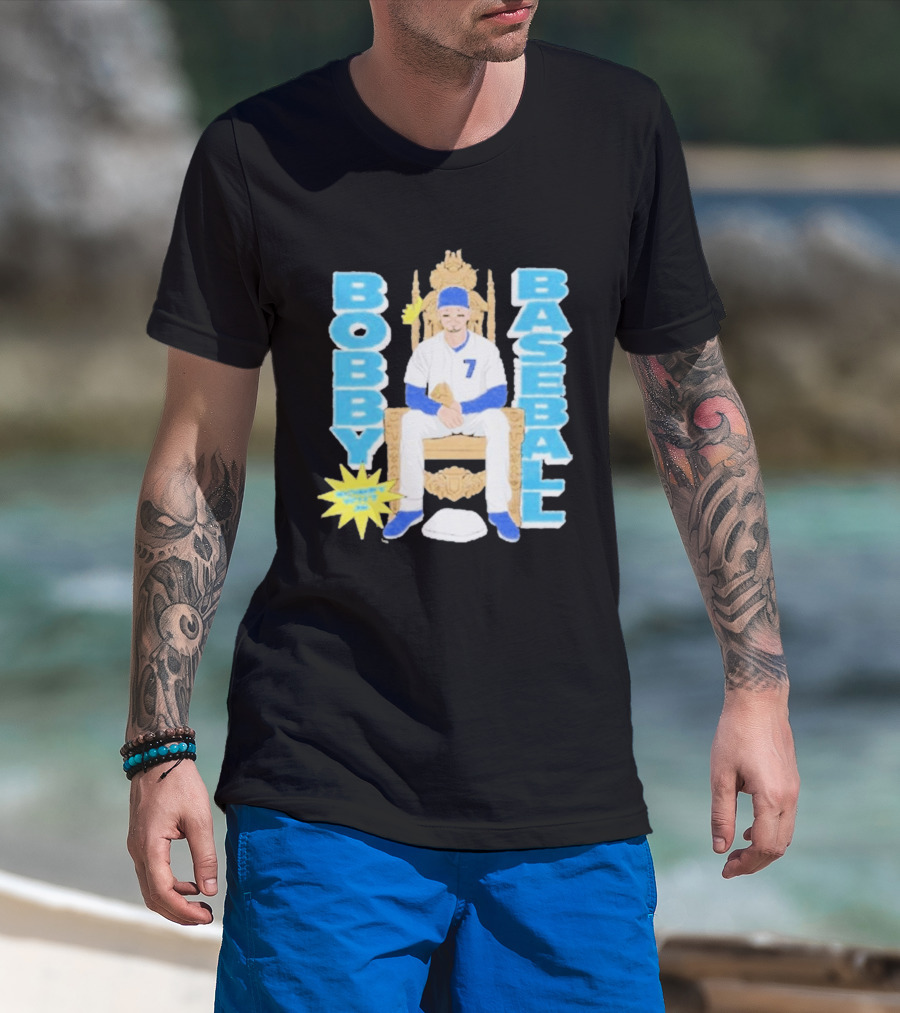 Bobby Baseball Throne Number 7 Blue Cap Batting Glove T-Shirt