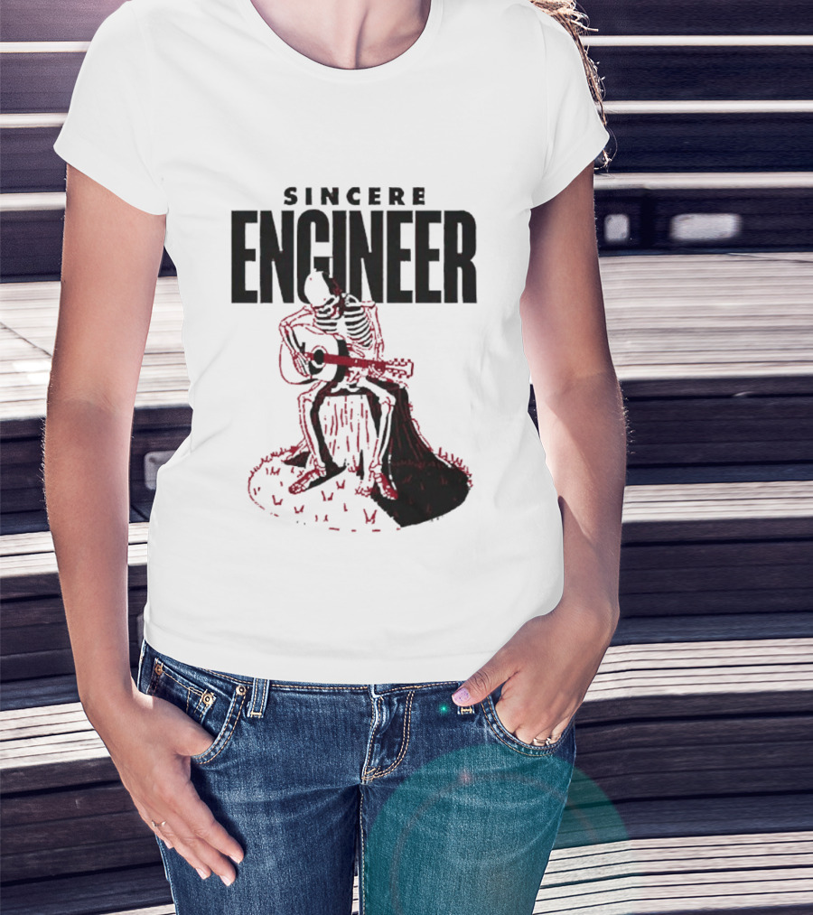 Sincere Engineer Skeleton Playing Guitar On Tree Stump T-Shirt