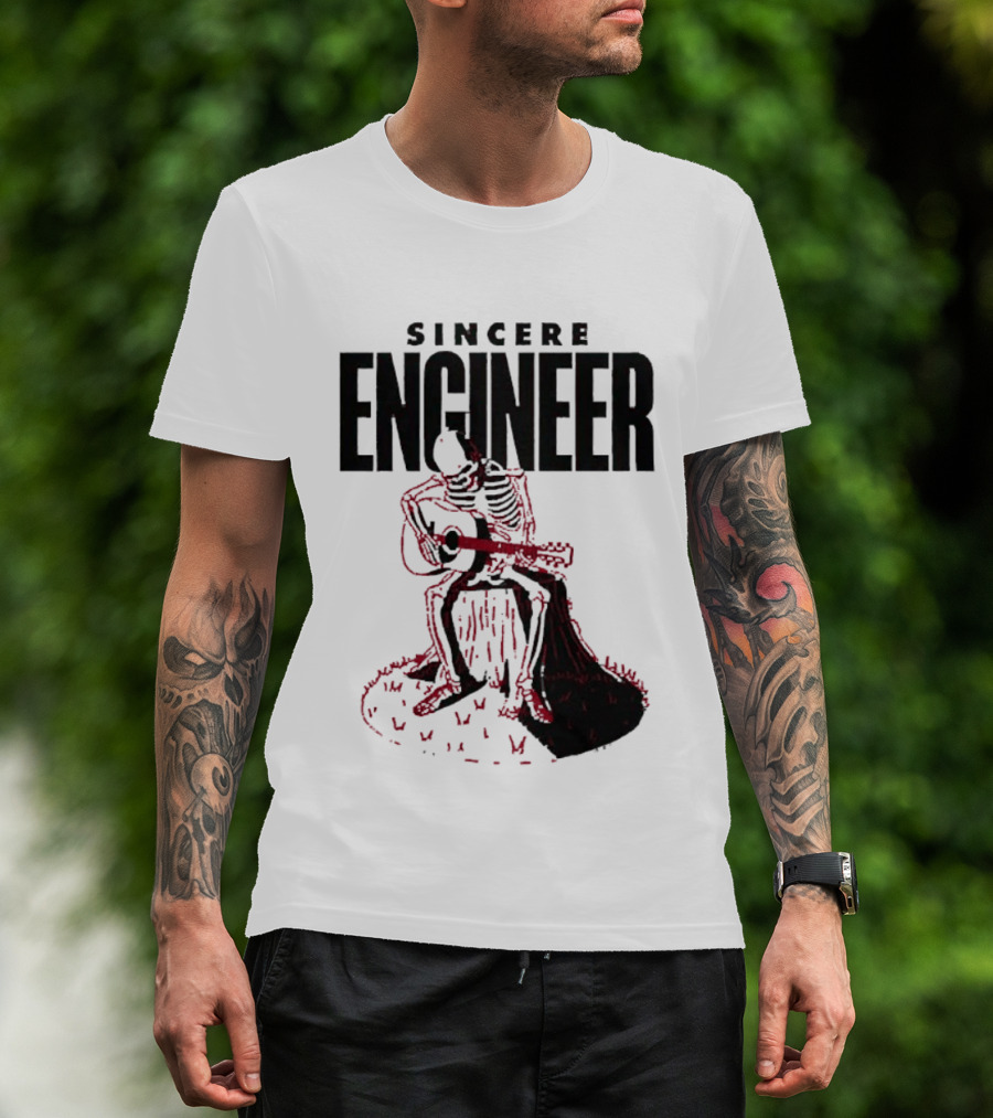 Sincere Engineer Skeleton Playing Guitar On Tree Stump T-Shirt
