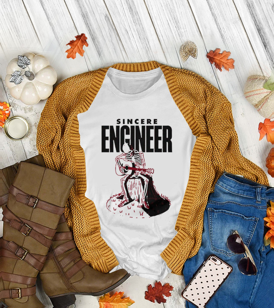 Sincere Engineer Skeleton Playing Guitar on Tree Stump T-Shirt