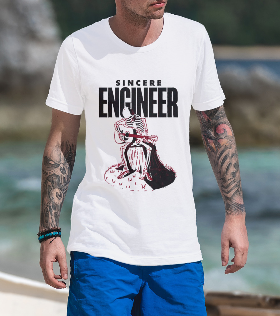 Sincere Engineer Skeleton Playing Guitar On Tree Stump T-Shirt