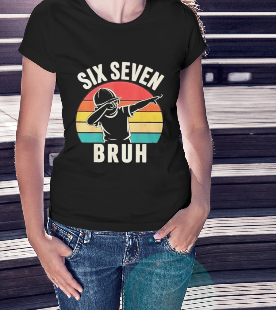 Six Seven Bruh Dabbing Retro Rainbow T-Shirt