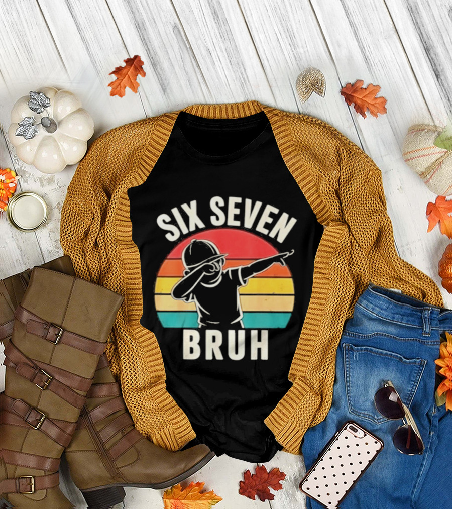 Six Seven Bruh Dabbing Retro Rainbow T-Shirt