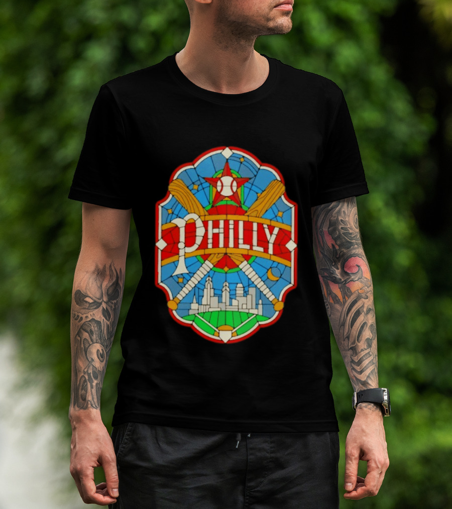 Philadelphia Phillies Stained Glass Philly Skyline Baseball Star Bats T-Shirt