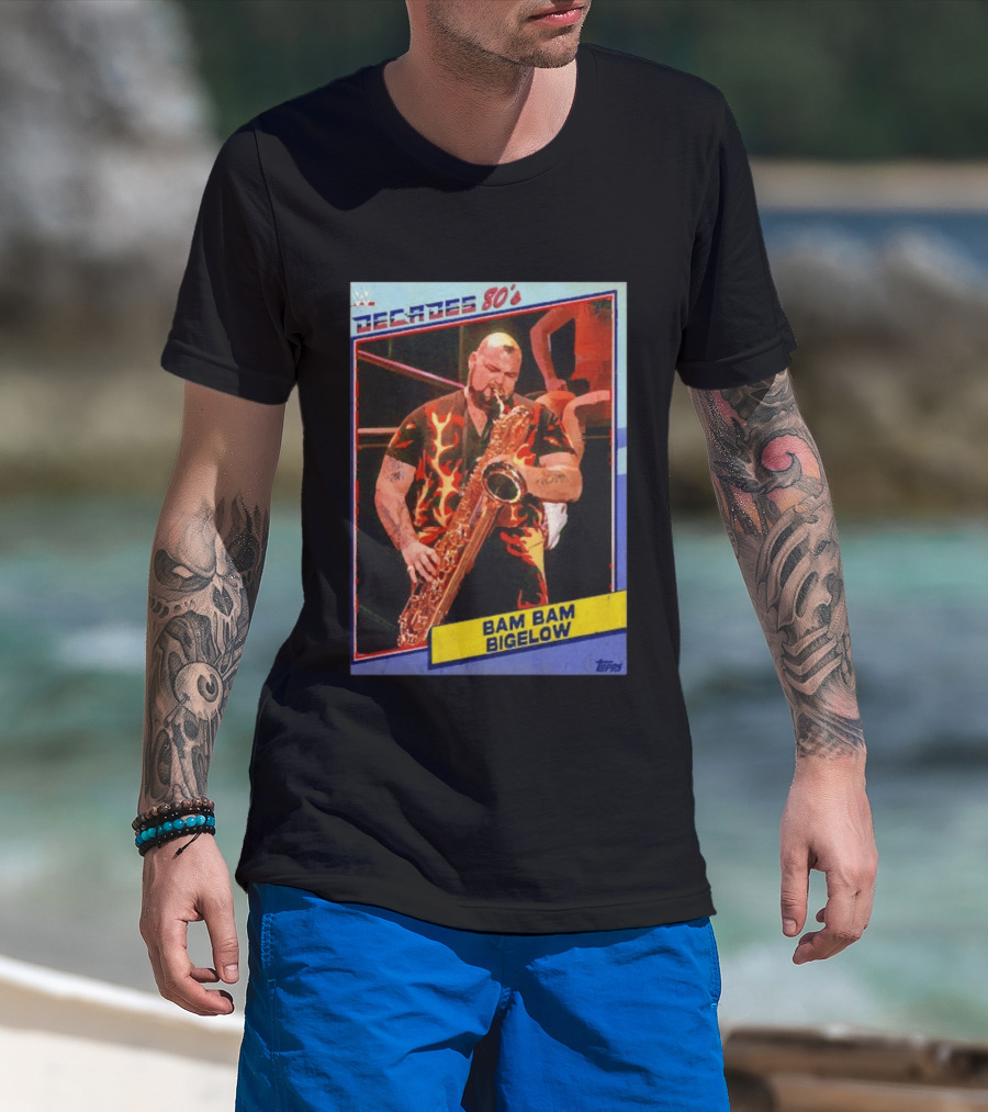 WWE Decades 80's Bam Bam Bigelow Topps Trading Card Saxophone Flame T-Shirt
