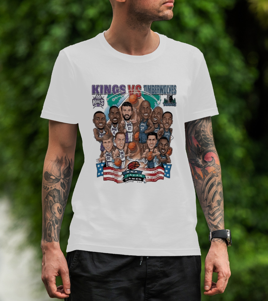 Kings Vs Timberwolves NBA Japan Games Tokyo 1999 Player Caricatures Basketball Showdown T-Shirt