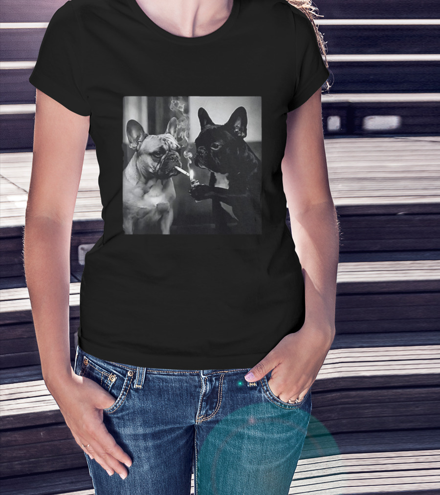 Frenchie Buddies French Bulldog Smoking Cigarette Meme Black And White Humor Duo T-Shirt