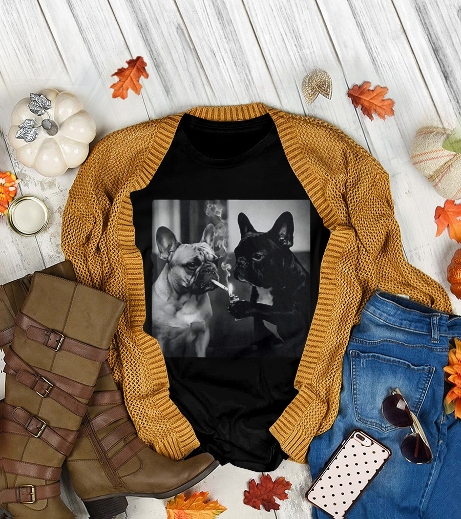 Frenchie Buddies French Bulldog Smoking Cigarette Meme Black and White Humor Duo T-Shirt