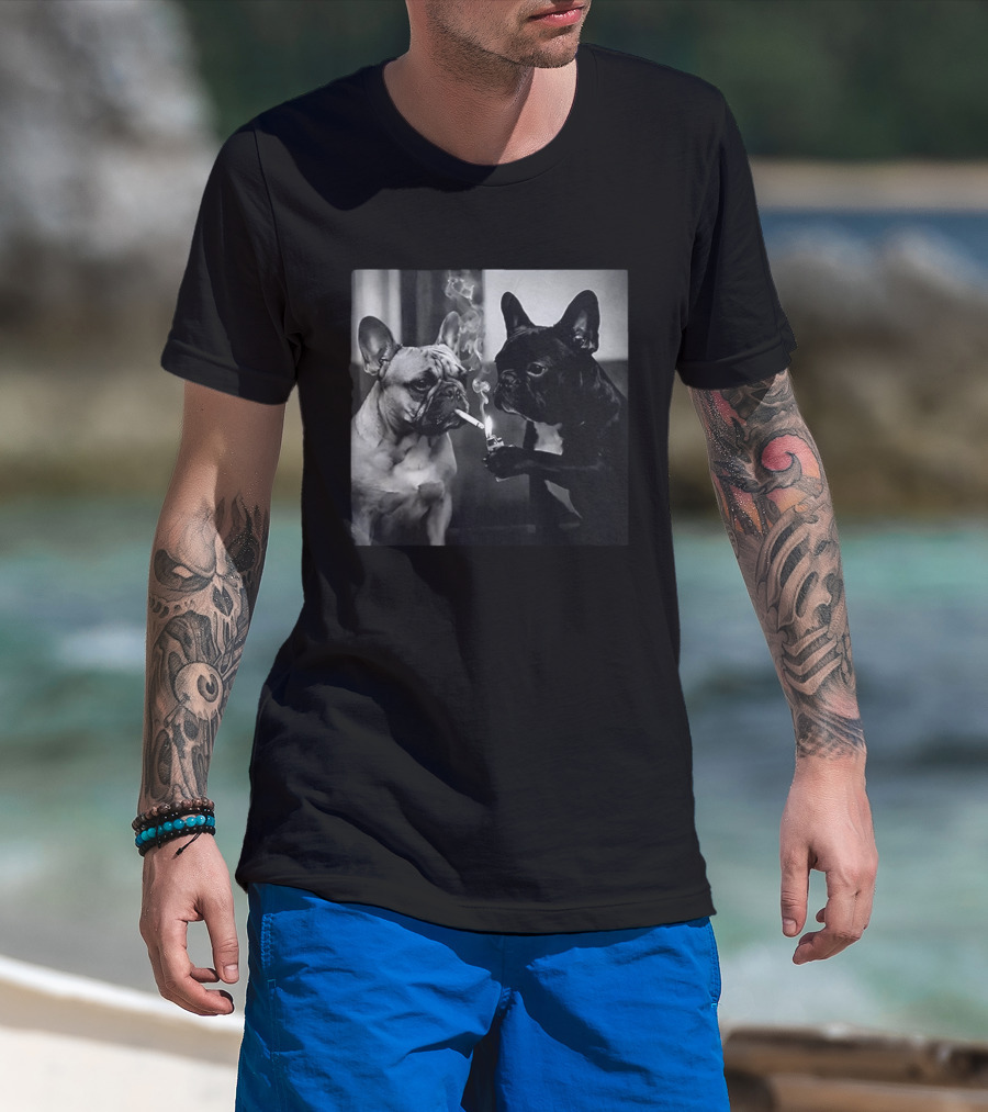 Frenchie Buddies French Bulldog Smoking Cigarette Meme Black And White Humor Duo T-Shirt