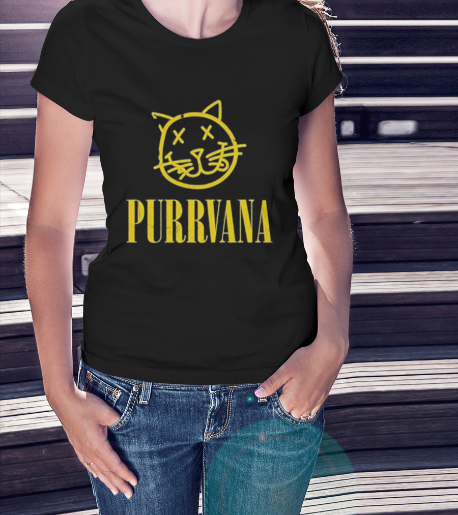 Purrvana Cat Face Yellow Grunge Style Kitty T-Shirt