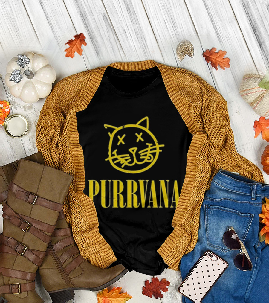 Purrvana Cat Face Yellow Grunge Style Kitty T-Shirt