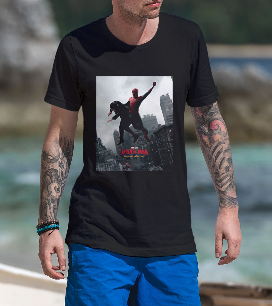 Spider Man Brand New Day Marvel Comic Scene Flying Over City Skyline T-Shirt