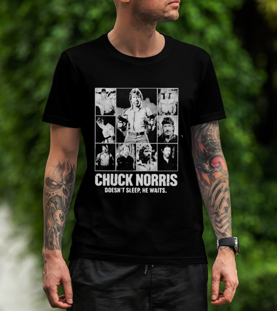Chuck Norris Doesn't Sleep He Waits Iconic Photos Collage T-Shirt