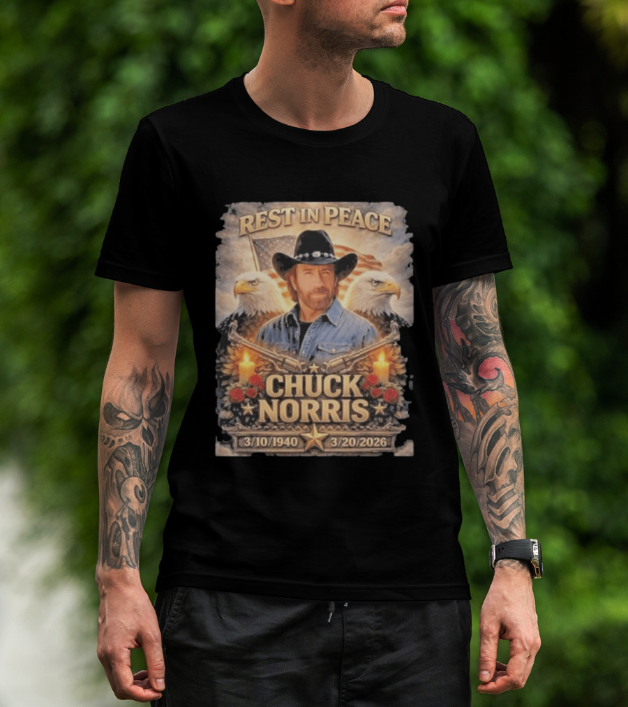 Rest In Peace Chuck Norris With Bald Eagles American Flag And Candles T-Shirt