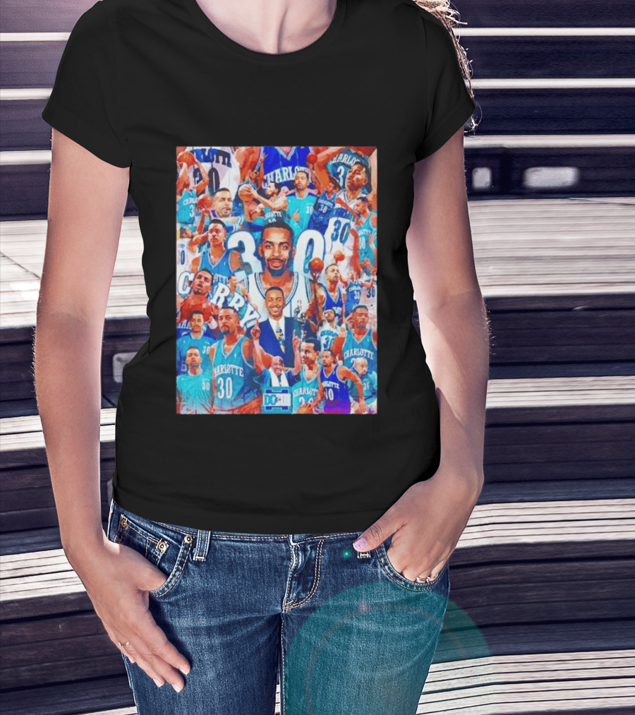 Dell Curry Charlotte Hornets 30 Jersey Collage Throwback T-Shirt