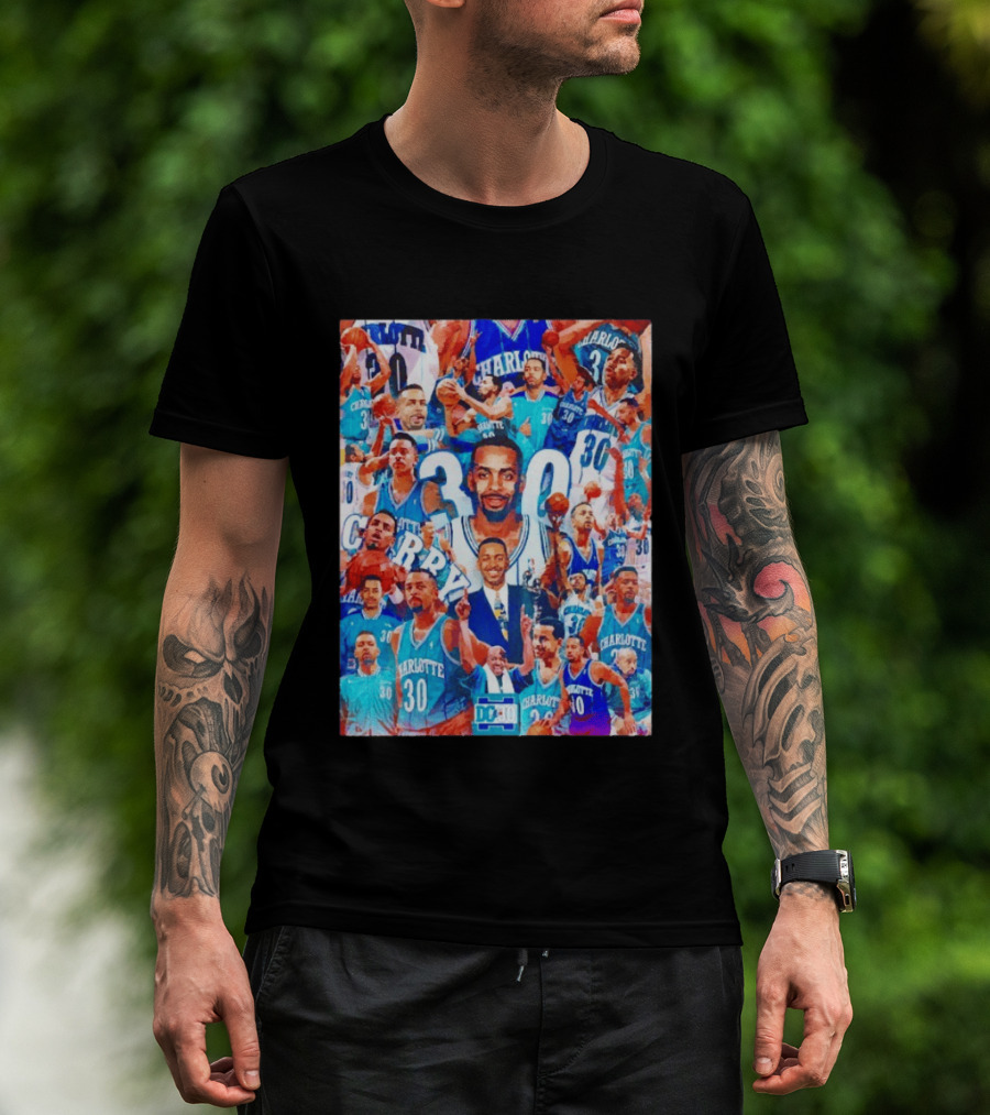 Dell Curry Charlotte Hornets 30 Jersey Collage Throwback T-Shirt