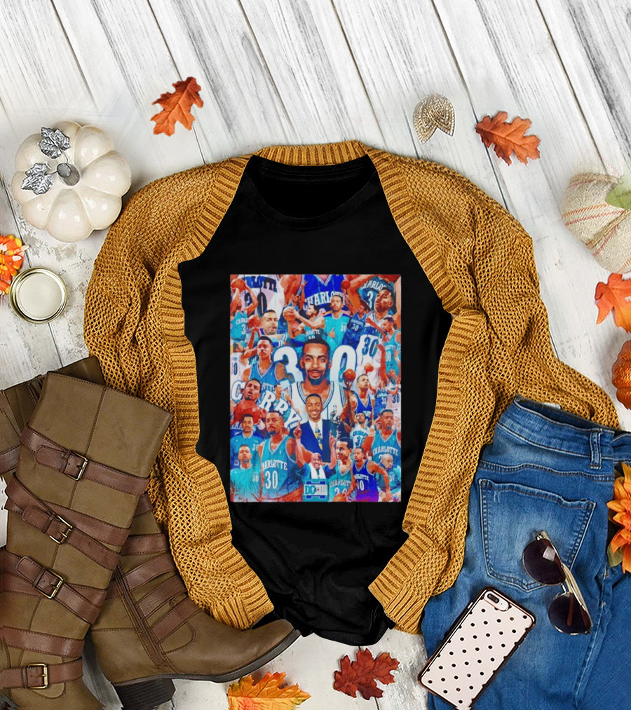 Dell Curry Charlotte Hornets 30 Jersey Collage Throwback T-Shirt